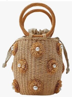 NEW Straw Pearl Accent Bucket Bag
